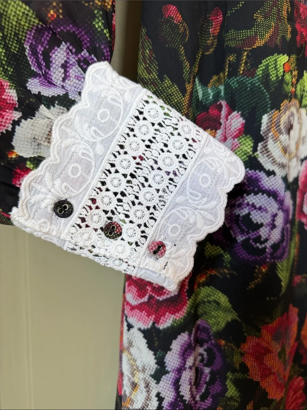Floral Mini Dress With Blouson Sleeve And Contrast Lace Cuff